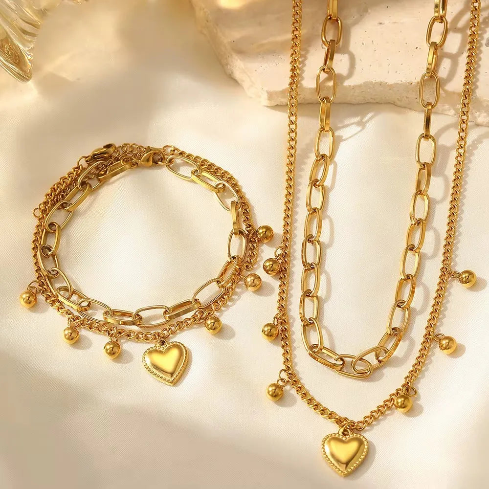 Kit Colar E Pulseira Feminino Coração Bolinhas Em Aço Inoxidável