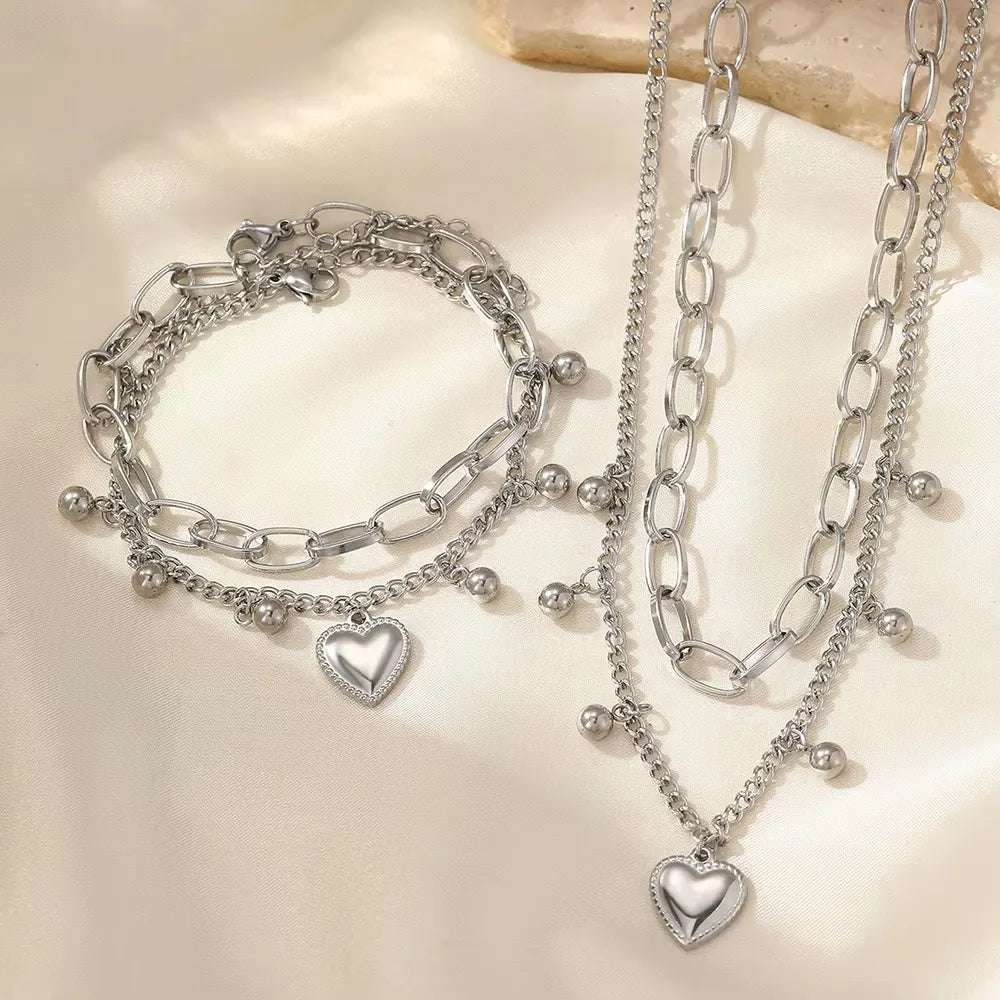 Kit Colar E Pulseira Feminino Coração Bolinhas Em Aço Inoxidável