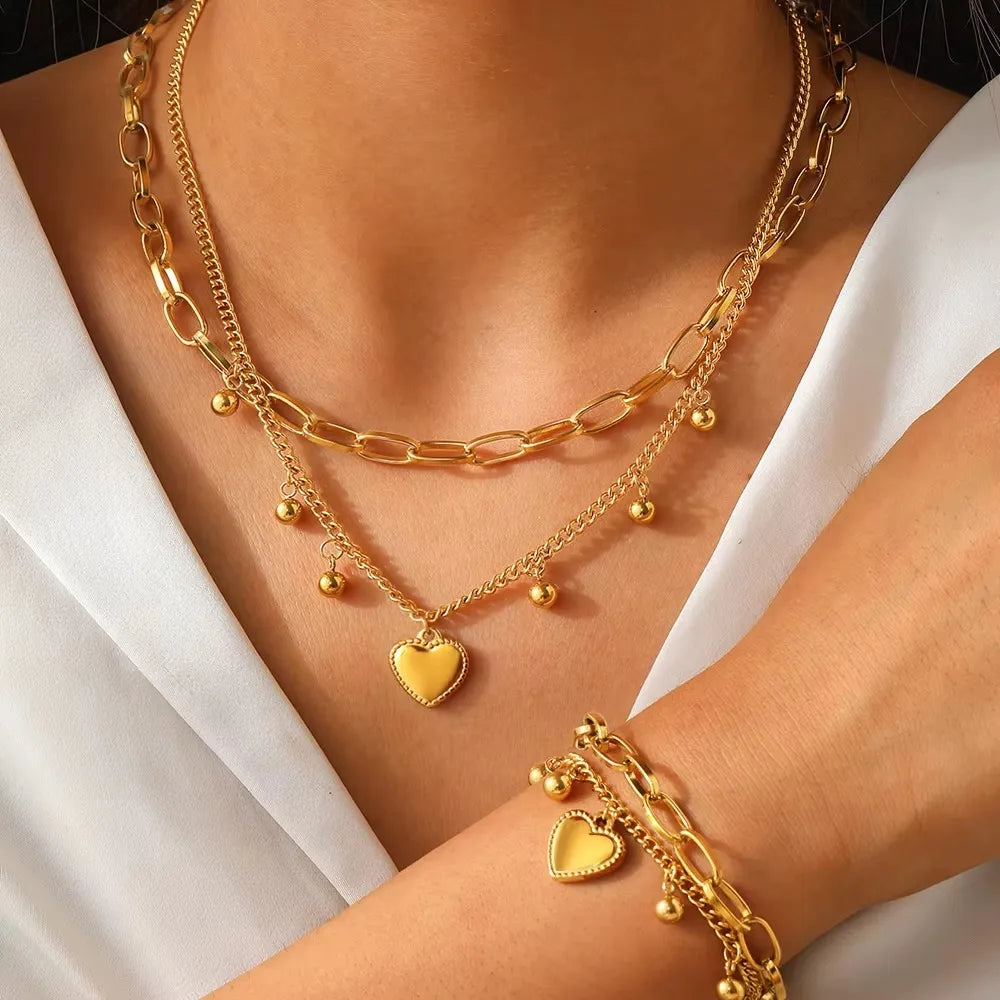 Kit Colar E Pulseira Feminino Coração Bolinhas Em Aço Inoxidável