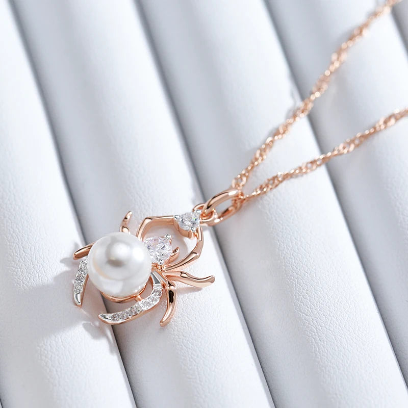 Colar Feminino Cobre Aranha Pérola Zircônia Ouro Rosé 585