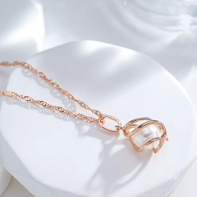 Colar Feminino Pérola Geométrico Oco Ouro Rosé 585 Cobre