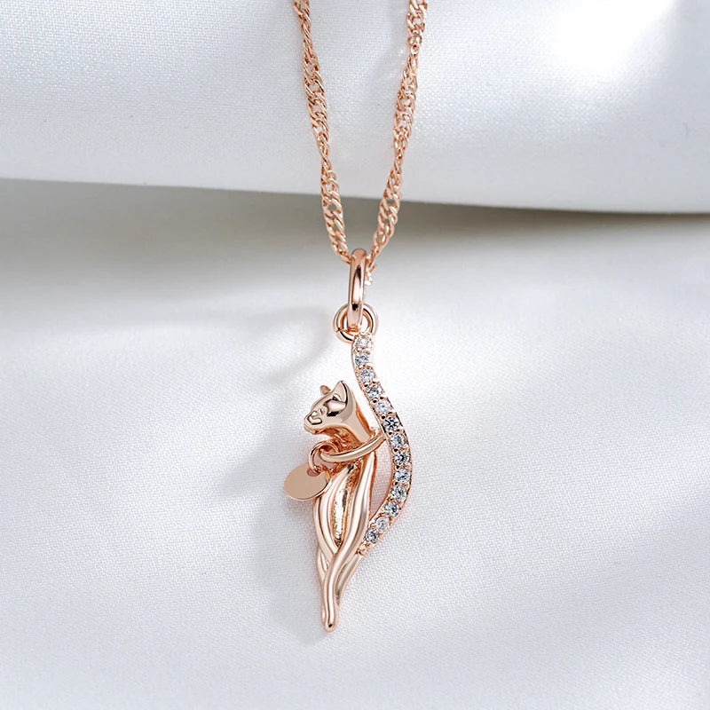 Colar Feminino Cobre Gato Elegante Pavê Zircônia Cristal Ouro Rosé