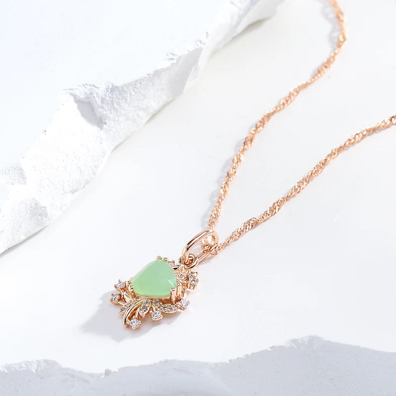 Colar Feminino Cobre Jade Triangular Moldura Floral Zircônia Verde Menta Ouro Rosé 585