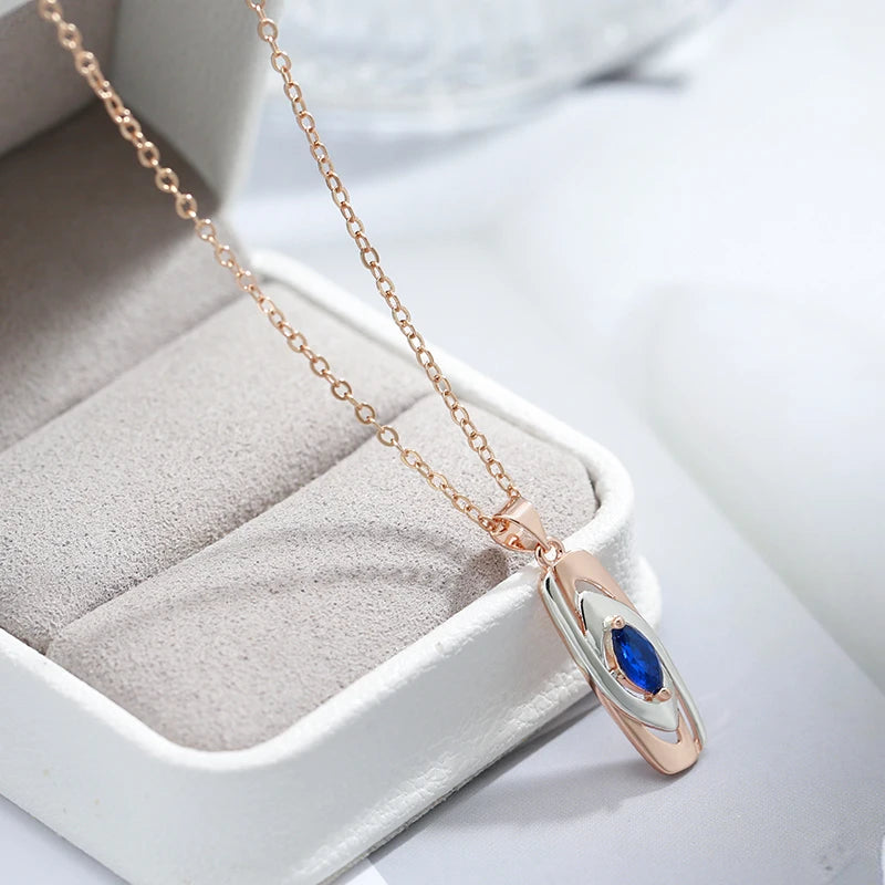 Colar Feminino Cobre Placa Onda Azul Marquise Bicolor Ouro Rosé