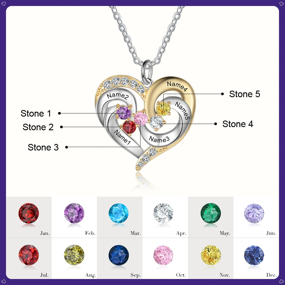 925 prata esterlina personalizado coração colar com 1-5 birthstones personalizado gravado nome das mães pingentes presentes do ano novo