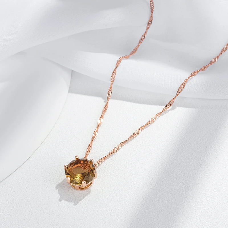 Colar Feminino Cobre Solitário Zircônia Oliva Citrino Garras Ouro Rosé