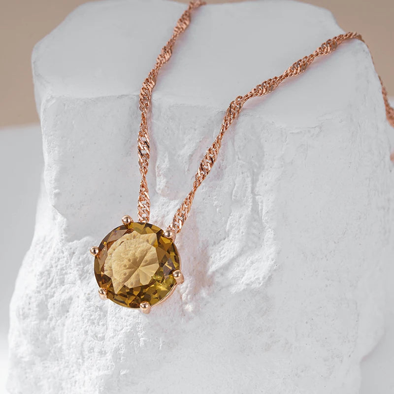 Colar Feminino Cobre Solitário Zircônia Oliva Citrino Garras Ouro Rosé