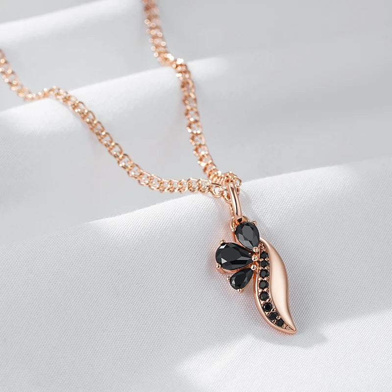 Colar Feminino Cobre Flor Ônix Folha Zircônia Preta Ouro Rosé 585