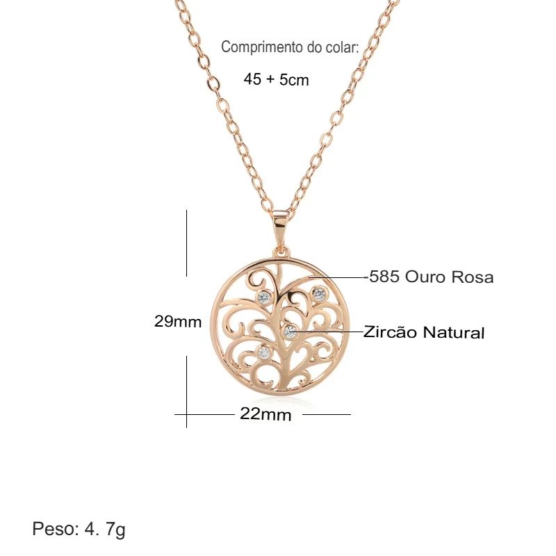 Colar Feminino Cobre Medalhão Circular Arabesco Filigrana Zircônia Ouro Rosé 585