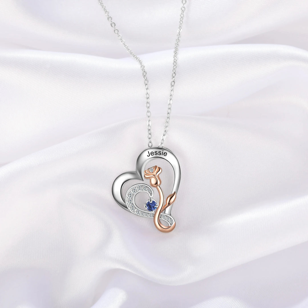 925 prata esterlina personalizado gravado nome coração pingente com birthstone rosa flor personalizado colar presentes de natal