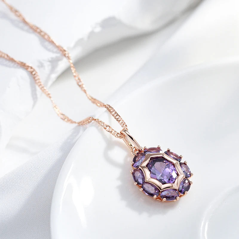 Colar Feminino Cobre Flor Ametista Zircônia Roxa Ouro Rosé 585