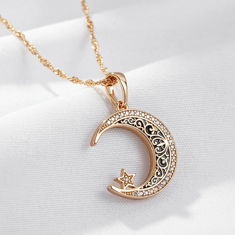 Colar Feminino Cobre Lua Crescente Estrela Filigrana Pavê Ouro Rosé 585