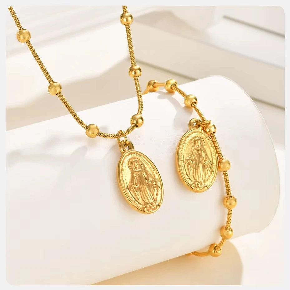 Kit Colar e Pulseira Nossa Senhora das Graças Medalha Oval Aço Inoxidável 316