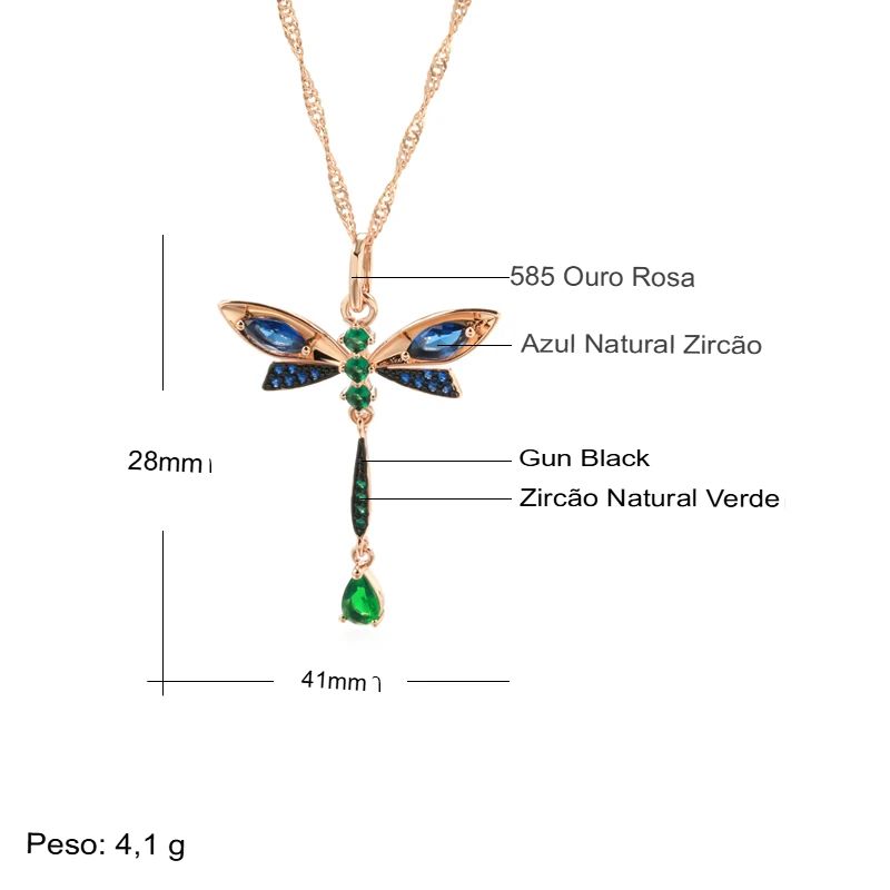 Colar Feminino Cobre Libélula Safira Esmeralda Ouro Rosé 585