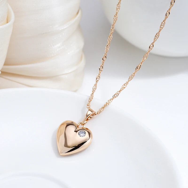 Colar Feminino Cobre Coração 3D Volumoso Polido Zircônia Solitária Ouro Rosé 585