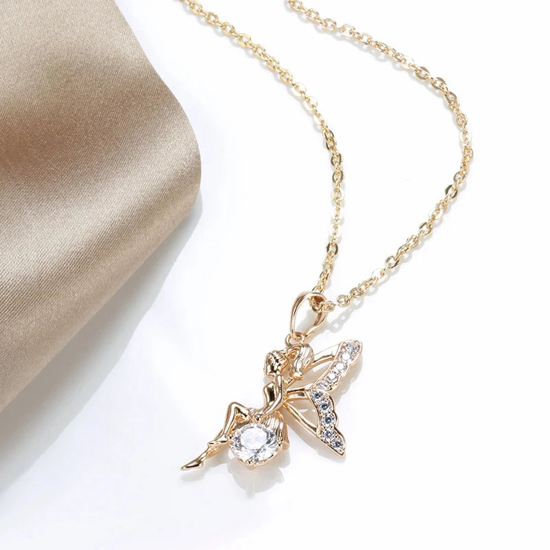 Colar Feminino Cobre Fada Borboleta Zircônia Cristal Ouro Rosé 585