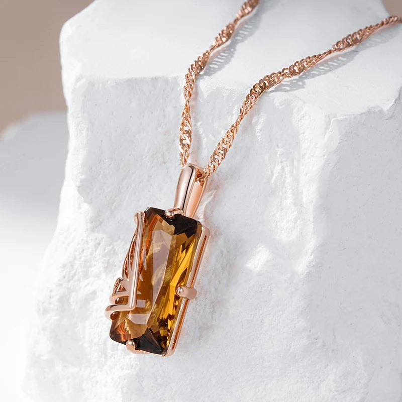 Colar Feminino Cobre Citrino Fumê Retangular Solitário Bail Forquilha Cognac Ouro Rosé 585