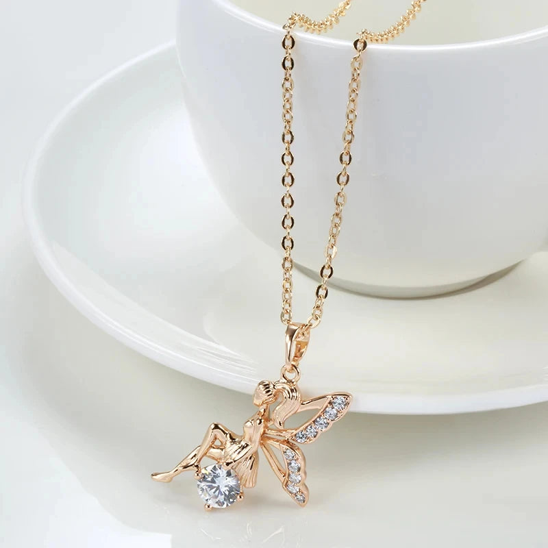 Colar Feminino Cobre Fada Borboleta Zircônia Cristal Ouro Rosé 585