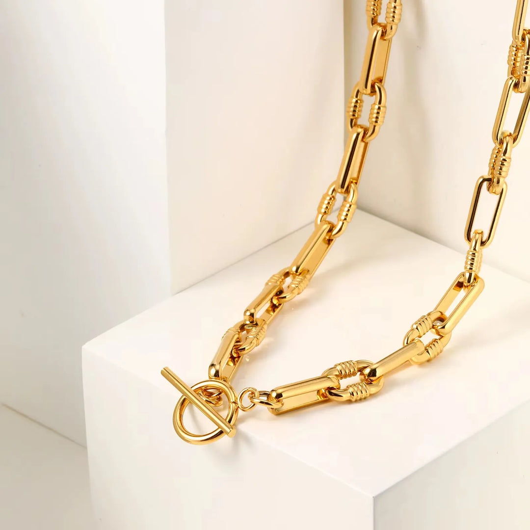 Colar Feminino Corrente Oval Fecho Toggle Banhado Ouro 18k