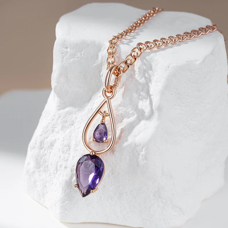 Colar Feminino Cobre Dupla Gota Zircônia Roxa Ametista Ouro Rosé