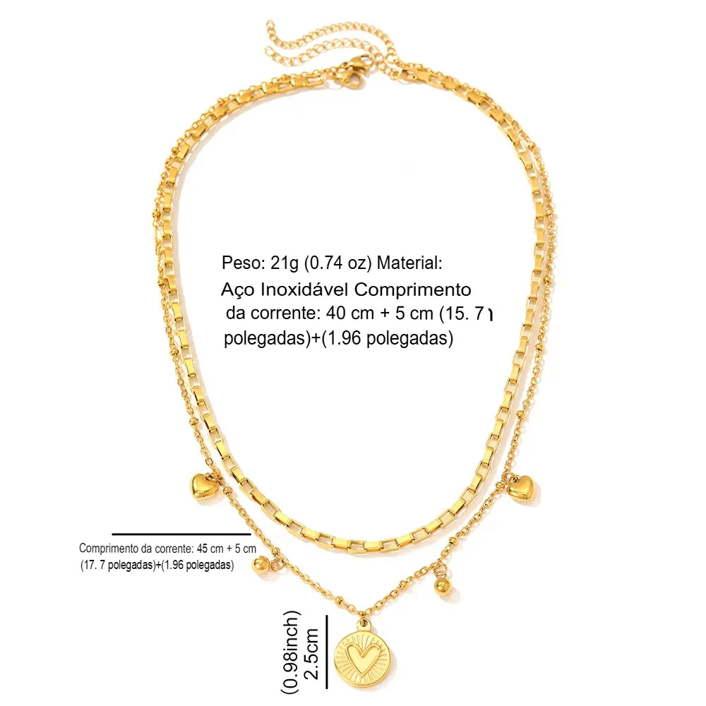 Colar Feminino Coração Dupla Camada Luxo Em Aço Inoxidável