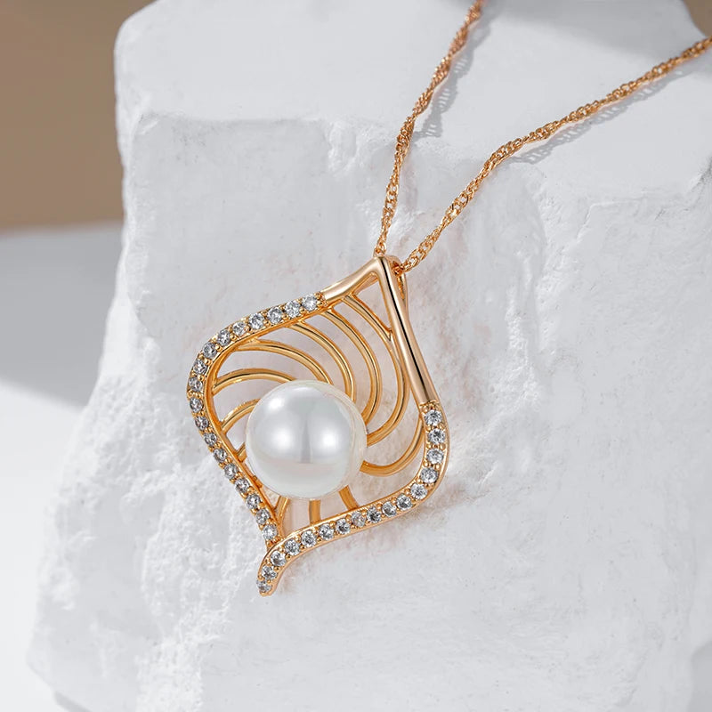 Colar Feminino Cobre Losango Pérola Pétalas Espiral Zircônia Ouro Amarelo 585