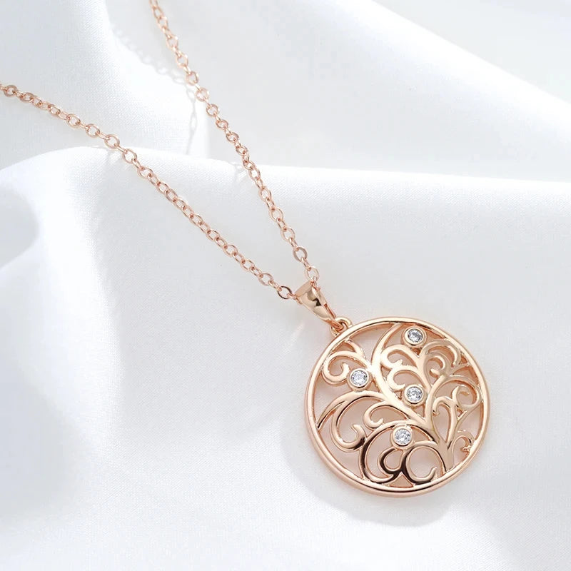 Colar Feminino Cobre Medalhão Circular Arabesco Filigrana Zircônia Ouro Rosé 585