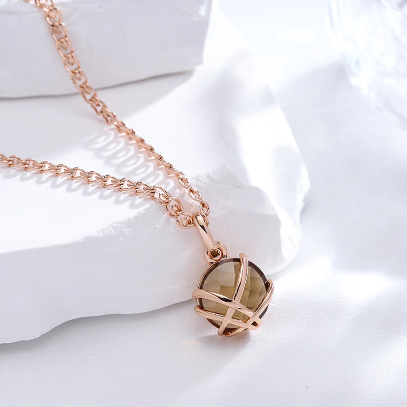 Colar Feminino Cobre Quartzo Fumê Redondo Gaiola Cruzada Ouro Rosé 585