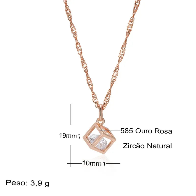 Colar Feminino Cobre Cubo Zircônia Cristal Geométrico Ouro Rosé