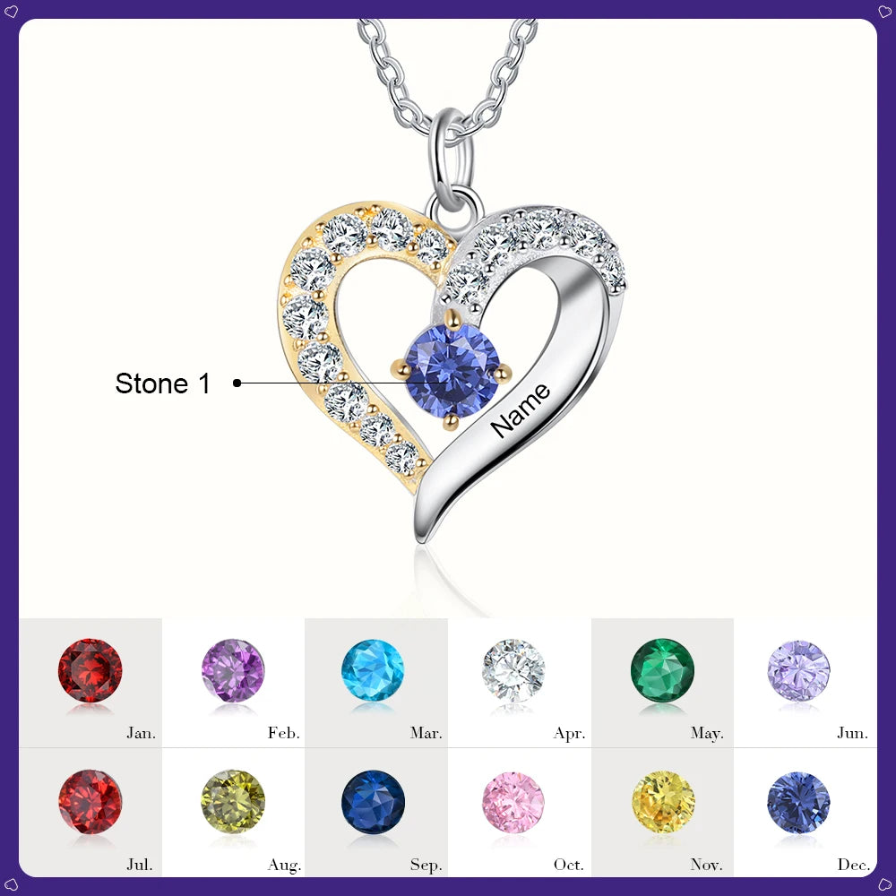 925 prata esterlina personalizado coração colar com 1-5 birthstones personalizado gravado nome das mães pingentes presentes do ano novo