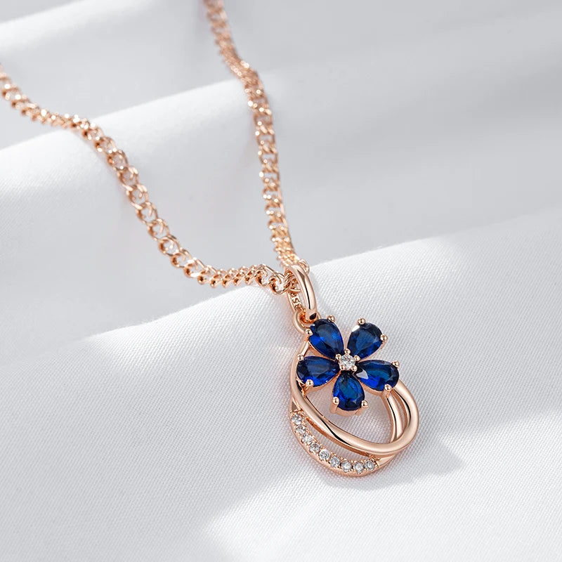 Colar Feminino Cobre Flor Safira Azul Pear Argola Pavê Ouro Rosé 585