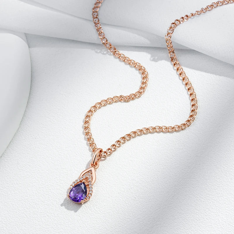 Colar Feminino Cobre Ametista Gota Laço Zircônia Ouro Rosé 585