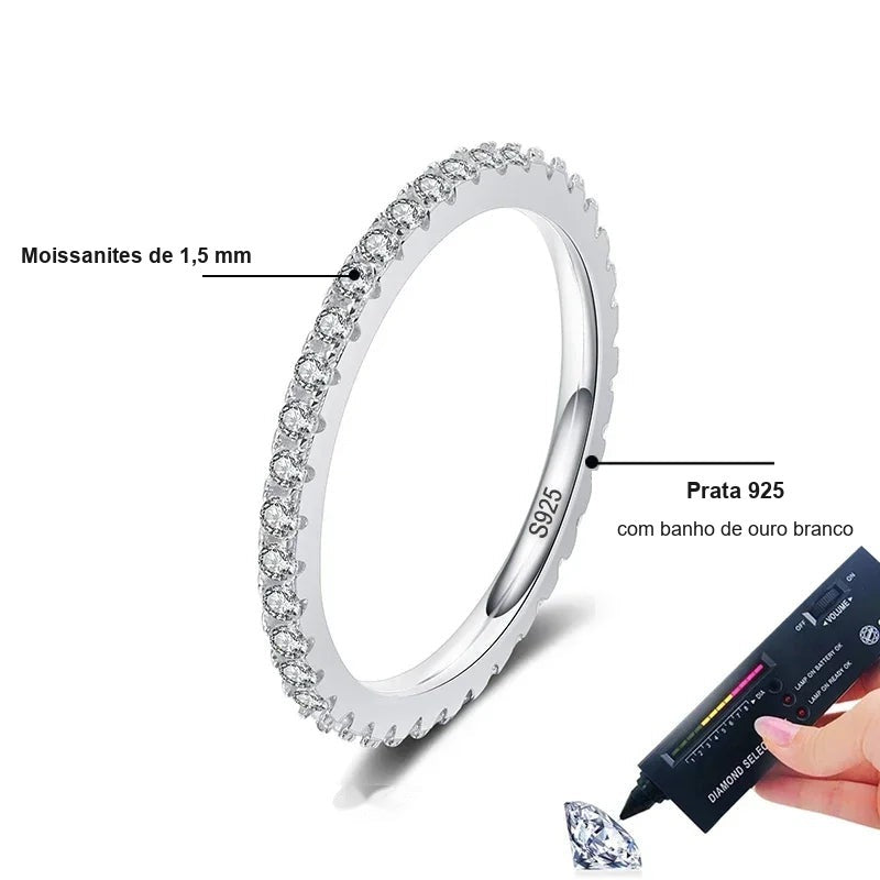 Detalhes da aliança eternidade fina: moissanites de 1,5 mm em prata 925