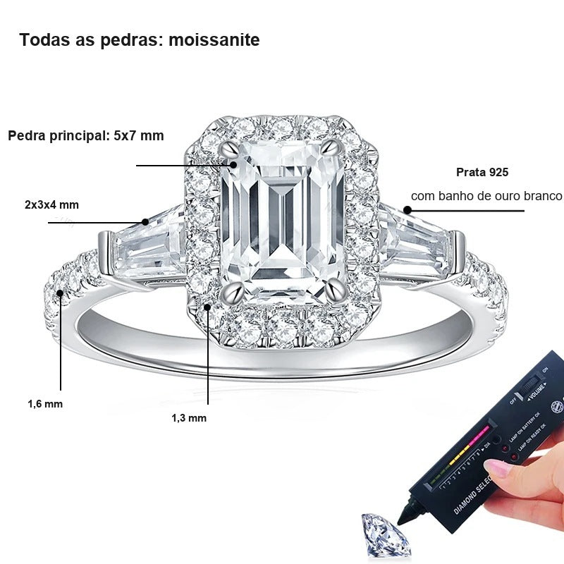 Medidas do anel halo corte esmeralda: pedra principal de 5x7 mm, laterais de 2x3x4 mm, prata 925