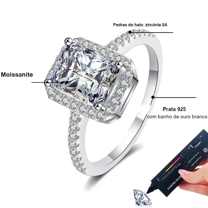 Detalhes do anel halo retangular: moissanite central e halo de zircônia em prata 925