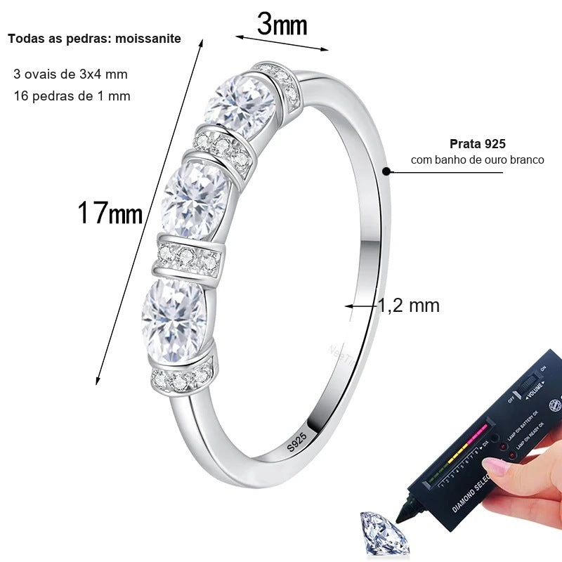 Medidas da meia aliança com 3 moissanites ovais de 3x4 mm e 16 pedras de 1 mm, aro de 1,2 mm