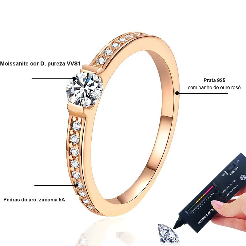 Detalhes do anel de 0,3 ct: moissanite cor D, pureza VVS1, prata 925 com banho de ouro rosé