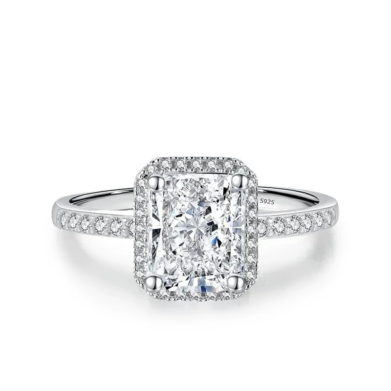 Anel de moissanite lapidação radiante com halo em prata 925