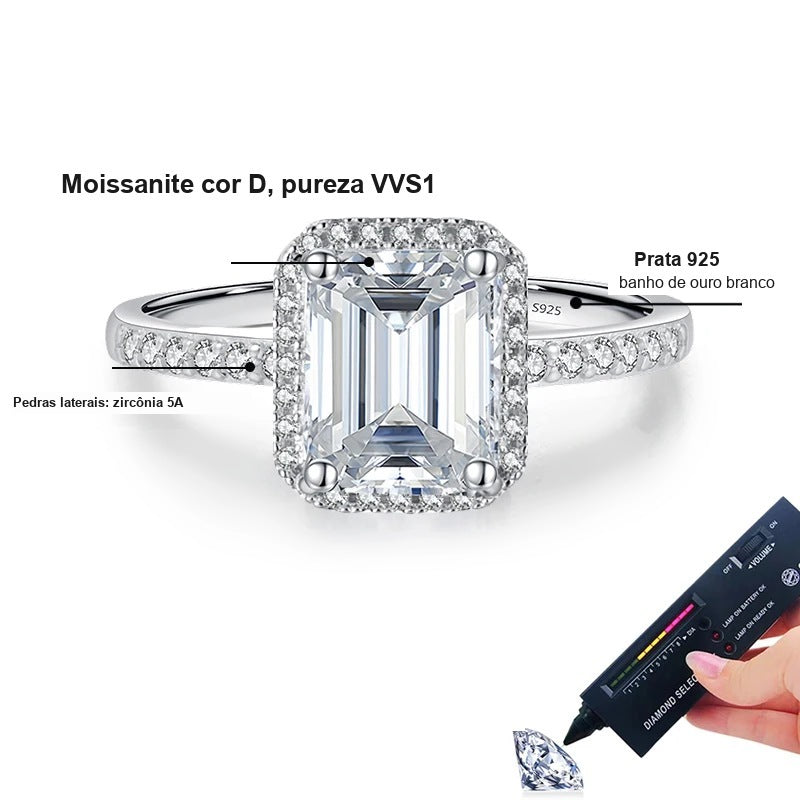 Detalhes do anel lapidação esmeralda: moissanite cor D VVS1, halo de zircônias 5A, prata 925 com banho de ouro branco