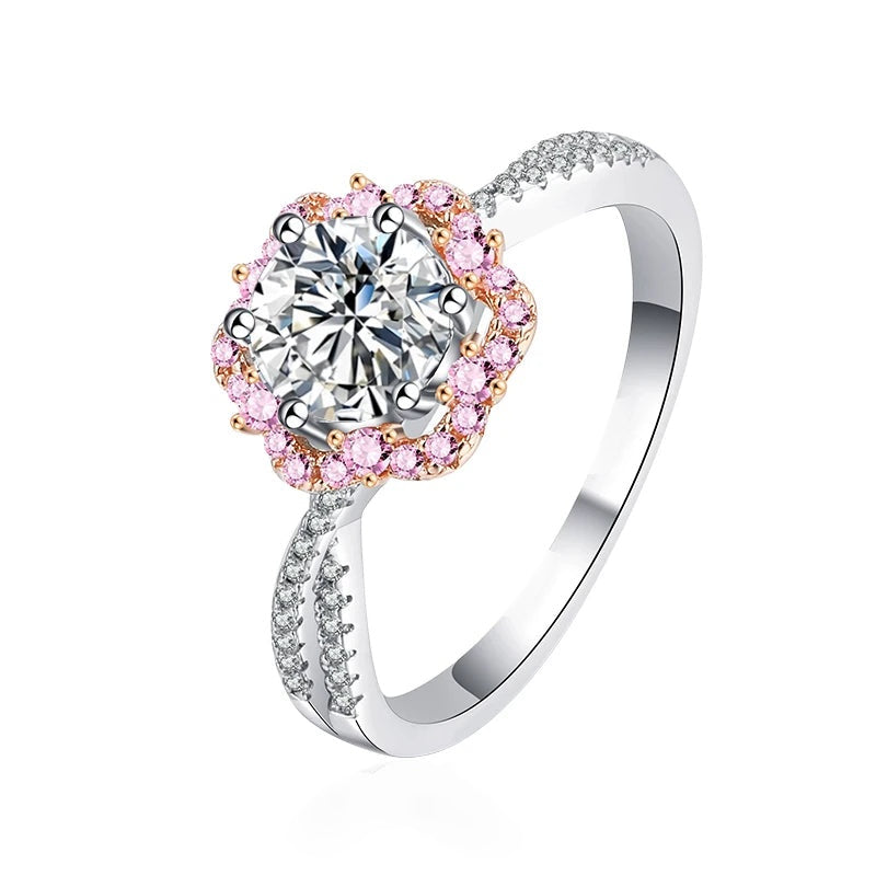 Anel de moissanite com halo flor de zircônias rosa em prata 925