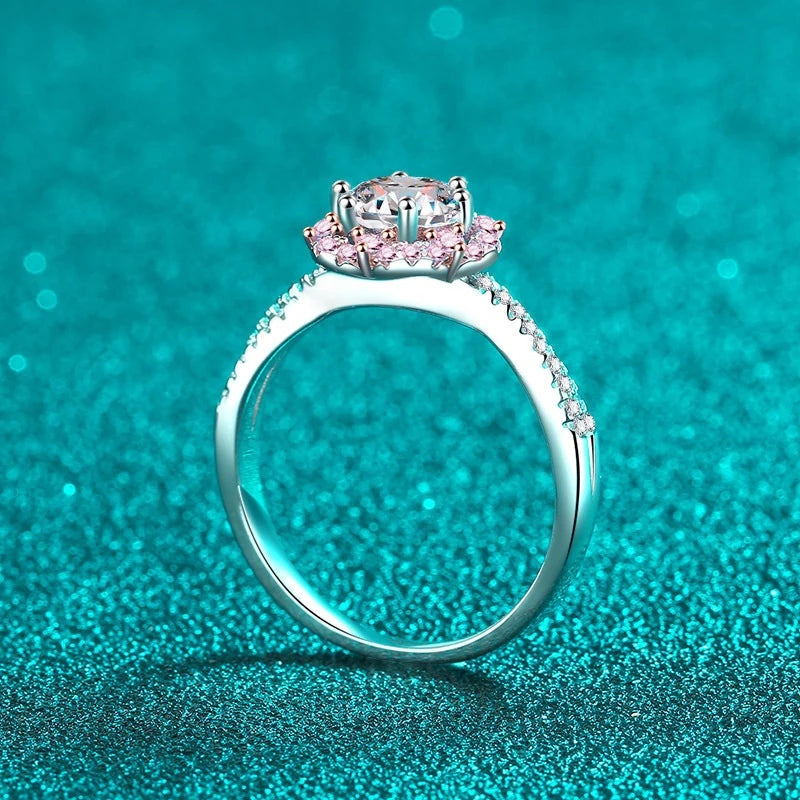Anel de moissanite halo flor em pé