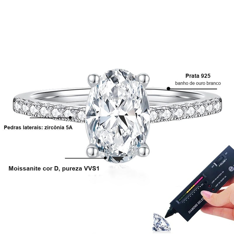 Detalhes do anel oval de moissanite: pedra cor D pureza VVS1, zircônias 5A no aro, prata 925 com banho de ouro branco
