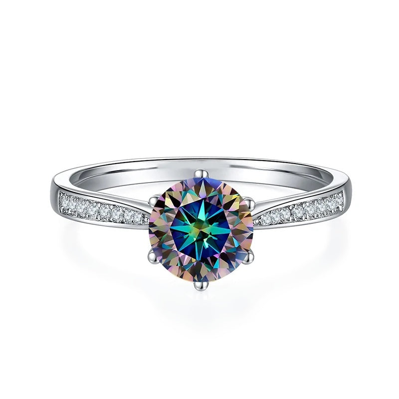 Anel solitário de moissanite arco-íris com aro cravejado