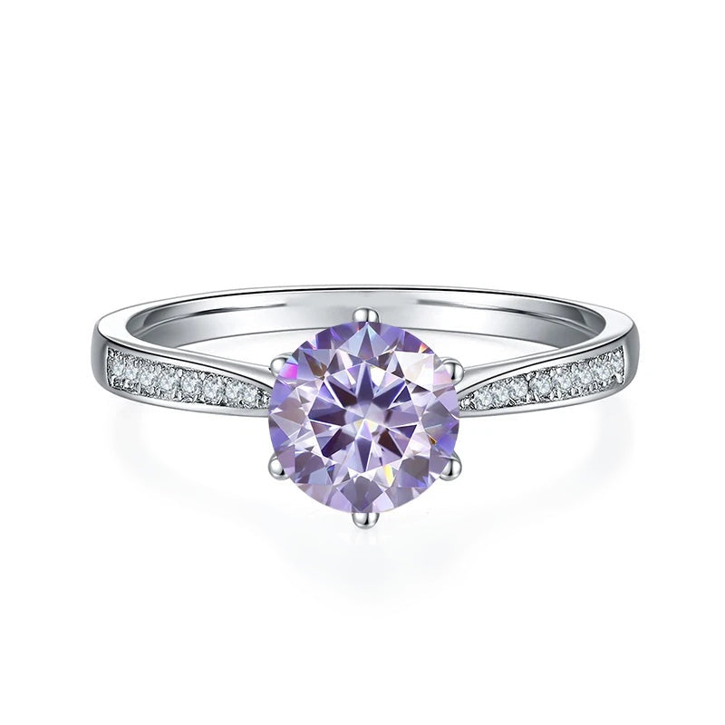 Anel solitário de moissanite lilás com aro cravejado