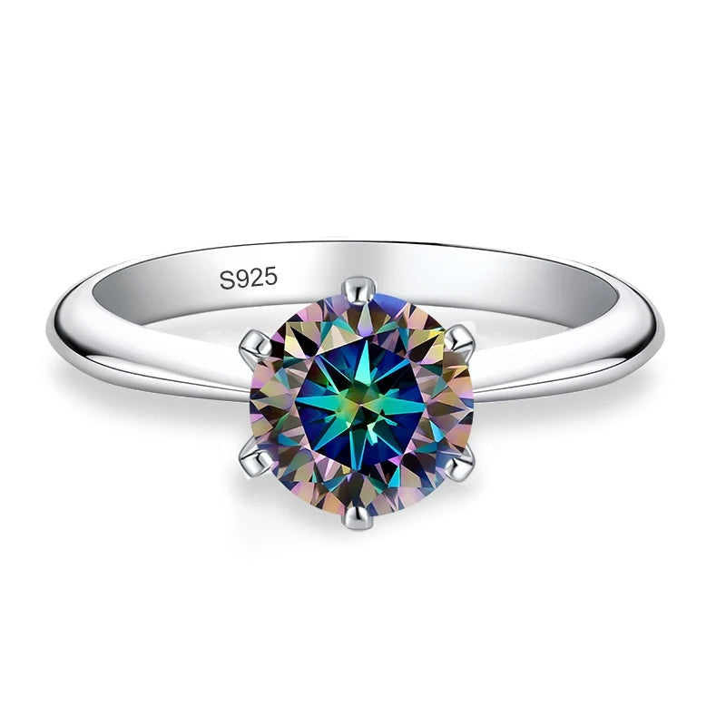 Anel solitário de moissanite arco-íris com aro liso