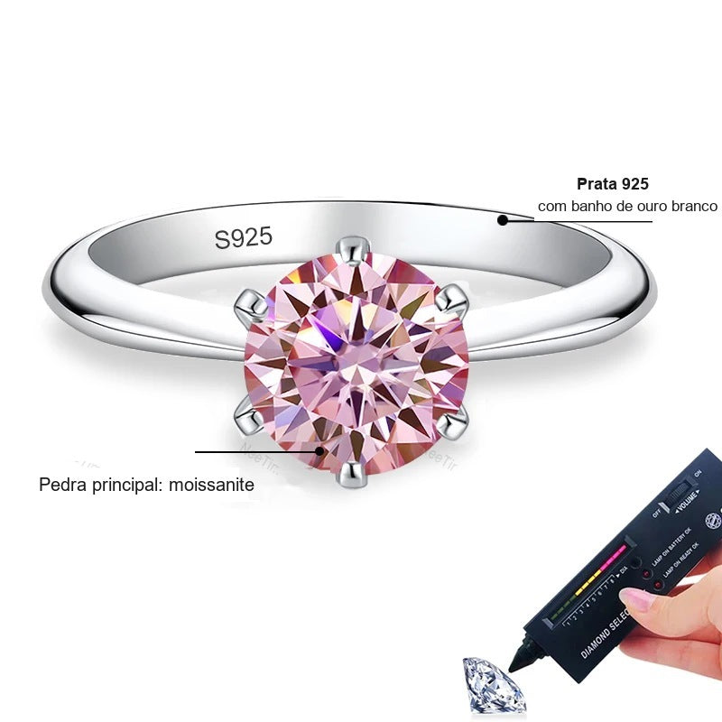 Detalhes do solitário de moissanite colorida com aro liso em prata 925