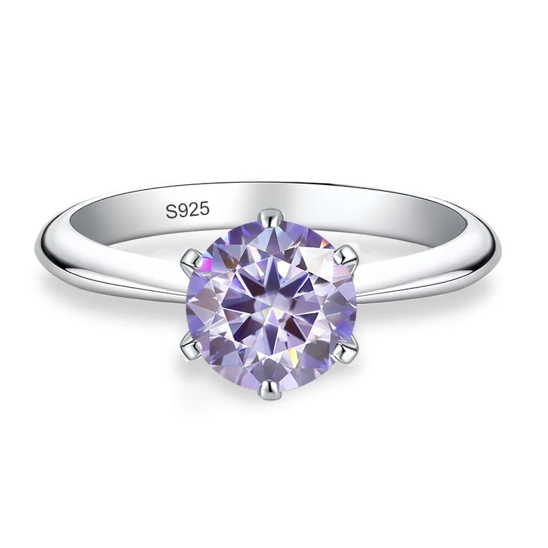 Anel solitário de moissanite lilás com aro liso