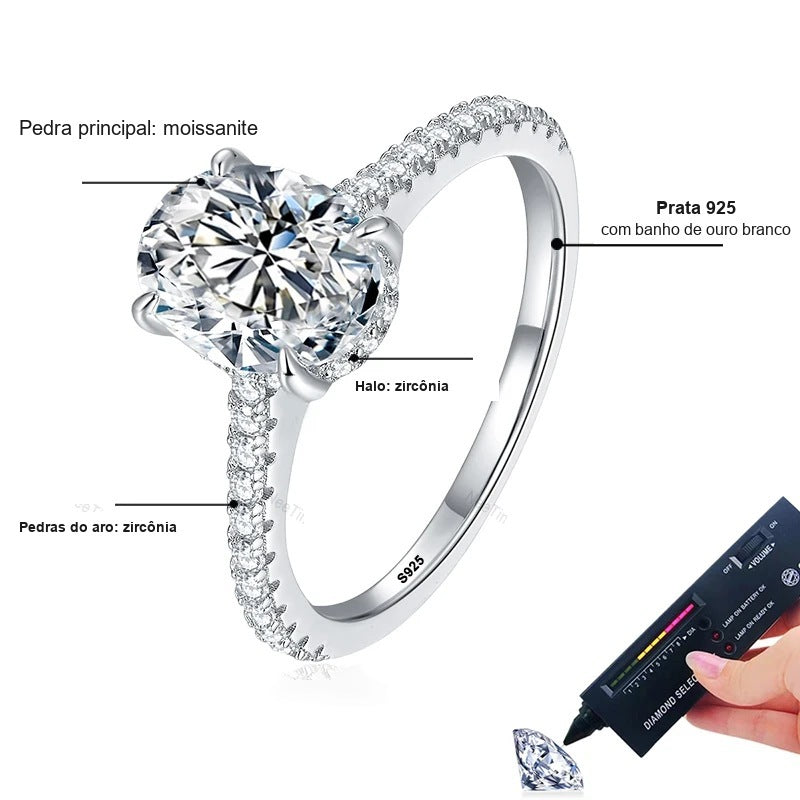 Detalhes do solitário oval: moissanite central, halo e aro com zircônias, prata 925
