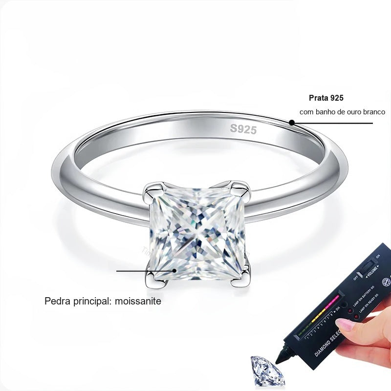 Detalhes do solitário princesa de aro liso: moissanite em prata 925 com banho de ouro branco