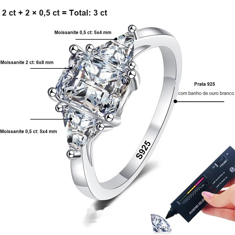 Medidas do anel três pedras: moissanite central de 2 ct (6x8 mm) e duas de 0,5 ct (5x4 mm), total 3 ct